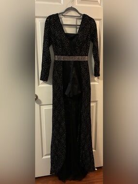 Precious Formals Black Long Sleeve V-Neck Romper with Rhinestone Waist